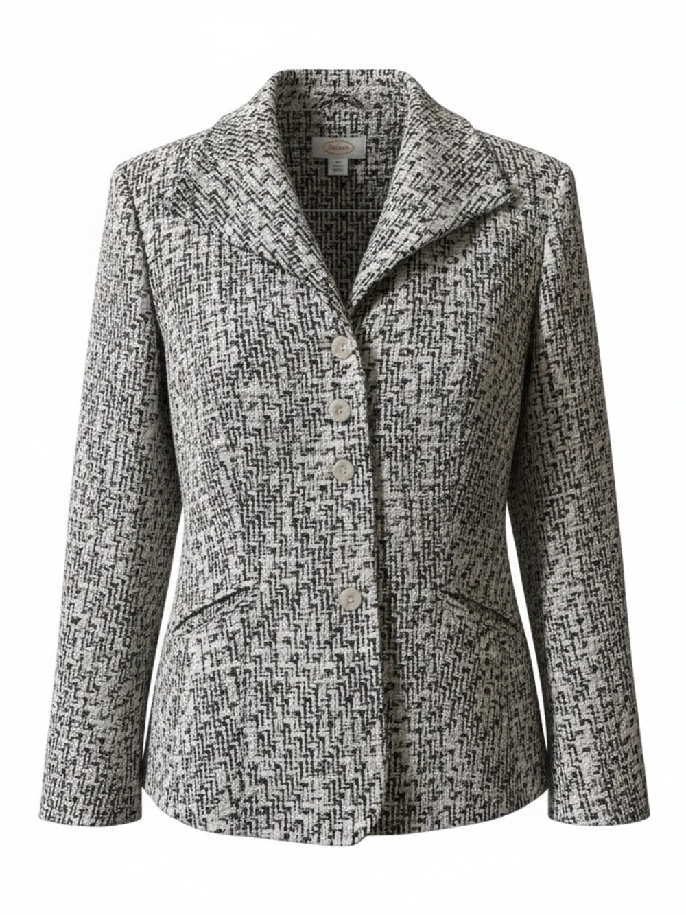 Talbots Tweed Blazer Cotton/Silk Size 12 Faux Pockets 5 Button Black White